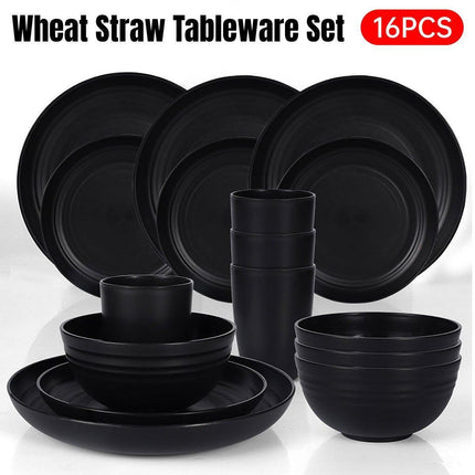 16PCS Eco-Friendly Wheat Straw Portable Tableware Set with Plate Bowl Cup