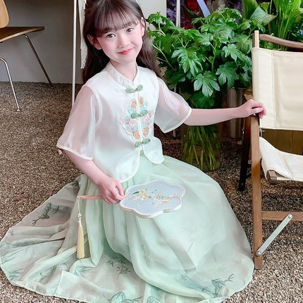 Traditional Chinese Style Girls Hanfu Vest Cardigan and Skirt Set for Costume