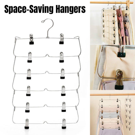 Six Layer Trouser Skirt Hanger Folding Storage Rack Pants Hanging Organizer