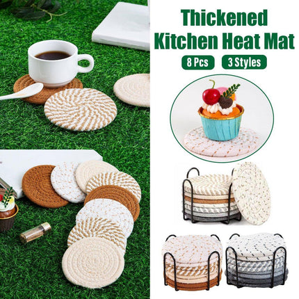 8PCS Round Cotton Woven Coaster Heat Resistant Thick Insulation Dining Table Mat