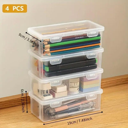 Transparent Stationery Organiser Box with Lid Pencil Pen Case Holder 4pcs Set