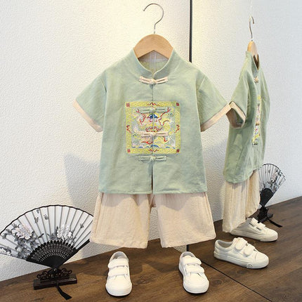 Boys Short Sleeve Suit Chinese Style Hanfu Cotton Linen Thin Two-Piece Set