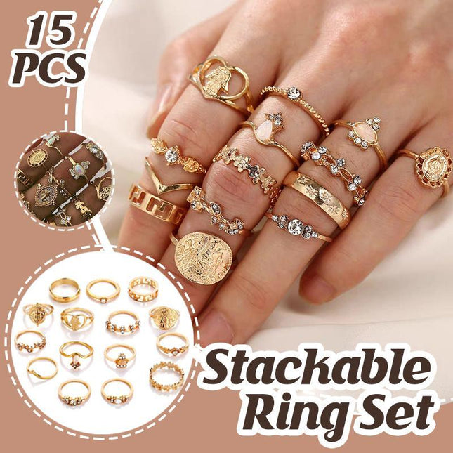 Gold Hollow Stackable Joint Ring Set 15 PCS Various Styles Versatile Womens - Aimall