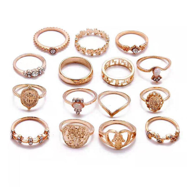 Gold Hollow Stackable Joint Ring Set 15 PCS Various Styles Versatile Womens - Aimall