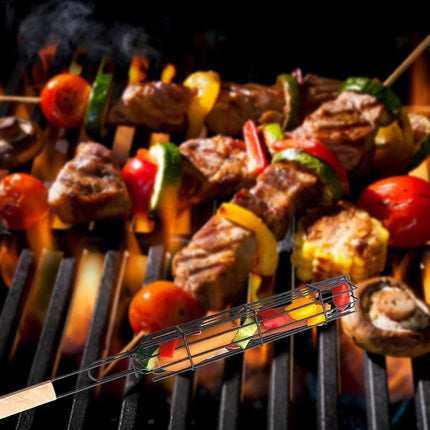 4PCS Outdoor BBQ Grill Basket Wooden Handle Sausage Hot Dog Corn Grilling Net
