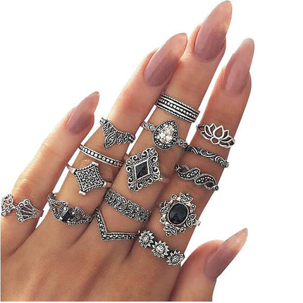 15 PCS Boho Vintage Knuckle Finger Ring Set Crystal Stackable Finger Rings Gifts - Aimall