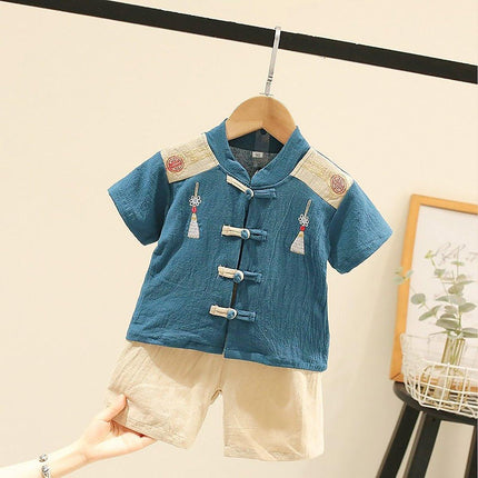Boys Short Sleeve Suit Chinese Style Hanfu Cotton Linen Thin Two-Piece Set