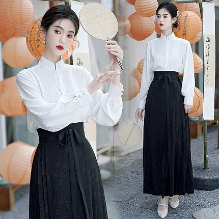 Elegant National Style Hanfu Two-Piece Set with Long Skirt and Daily Wear Top