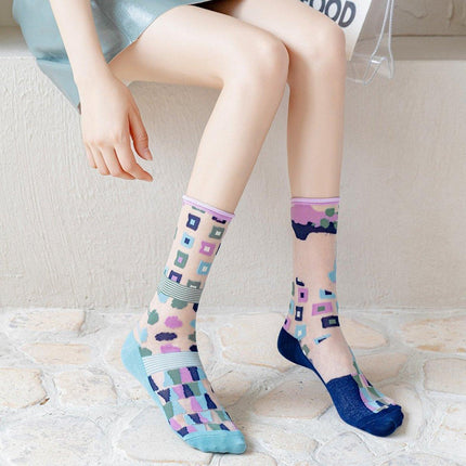 5Pair Thin Cartoon Trendy Socks Sheer Street Style Glass Silk Unisex Socks Party