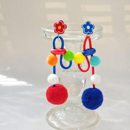 Colour Matching Hairball Earrings Long Fringe Bohemian Style Statement Jewelry