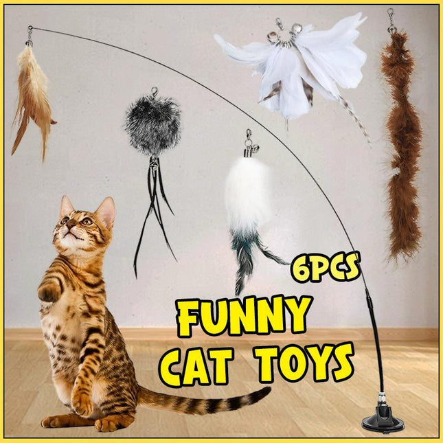 6x Cat Play Toy Simulation Birds Teaser Wand Interactive Stick with Suction Cup - Aimall