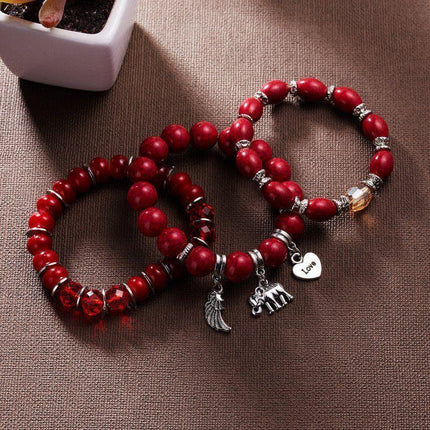 3PC Women's Boho Wooden Natural Stone Beads Tassel Bracelet Set Bodhi Beaded