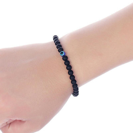 Turkish Greek Evil Eye Bracelet 6mm Elastic Cord Black Bead Handmade Unisex - Aimall