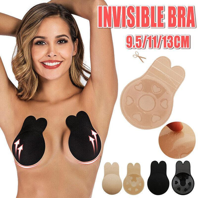 Black Invisible Silicone Bra Rabbit Strapless Self-Adhesive Lift Up Nipple Cover - Aimall