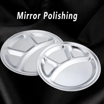 4pcs Stainless Steel Round Dinner Plates 4 Compartment Food Serving Trays Set