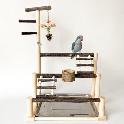 Wooden Parrot Stand Pole Interactive Bird Stand with Food Bowl Climbing Ladder