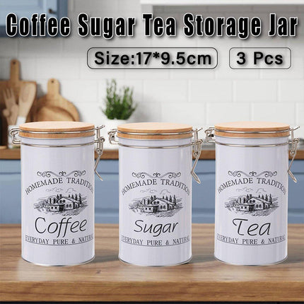 3PCS White Tinplate Coffee Tea Sugar Storage Jar Set Sealed Kitchen Counter