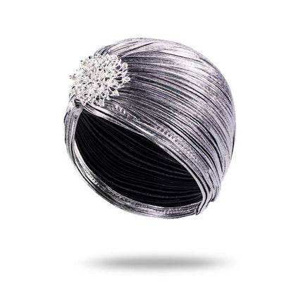 Muslim Women Pleated Silver Pleated Indian Wrap Turban Headscarf Elegant Hat