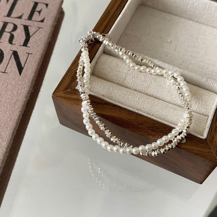 Double Layered Pearl Necklace Bracelet Set Silver Jewelry Women Fashion