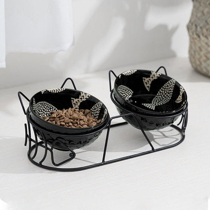 Double Ceramic Anti-Tipping Cat Dog Food and Water Bowl with Spine Fixed Design