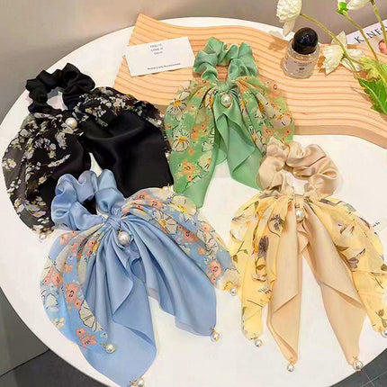 Vintage Boho Silk Bowknot Flower Hair Scrunchies Women Hair Bands Rope Pearl - Aimall