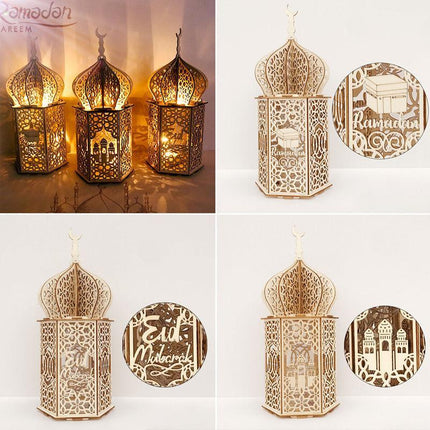 Eid Mubarak Muslim LED Night Light Ramadan Lamp Decor Lights Wooden Lantern - Aimall