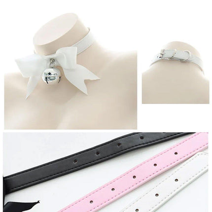 Punk Style Bow Bell Choker Adjustable Collar PU Leather Neckchain Necklace