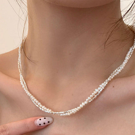 Double Layered Pearl Necklace Bracelet Set Silver Jewelry Women Fashion