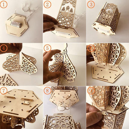 Eid Mubarak Muslim LED Night Light Ramadan Lamp Decor Lights Wooden Lantern - Aimall