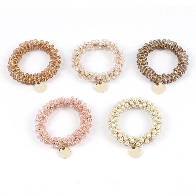 Women Rope Scrunchie Ponytail Holder Pearl Beads Elastic Hair Band Hair Tie Rope - Aimall