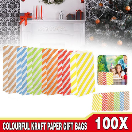 100X Colourful Plaid Kraft Paper Bag Candy Cookie Snack Cake Gift Bags 13*8*24CM - Aimall
