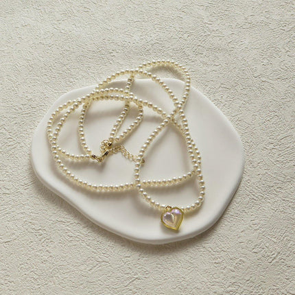 White Heart Pearl Double Layer Necklace Sweet Elegant Versatile Jewelry Gift