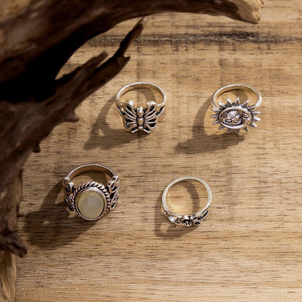 4pcs Butterfly Gem Ring Set Retro Sun Relief Rings Women Fashion Jewelry