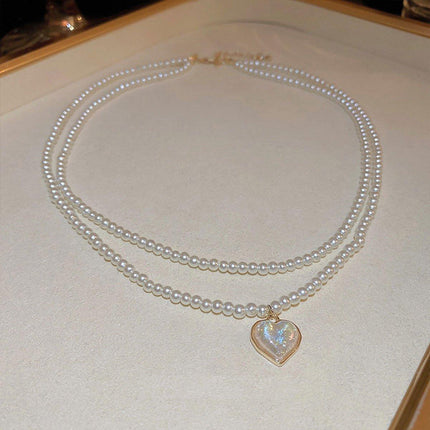 White Heart Pearl Double Layer Necklace Sweet Elegant Versatile Jewelry Gift