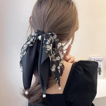 Vintage Boho Silk Bowknot Flower Hair Scrunchies Women Hair Bands Rope Pearl - Aimall