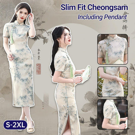 Long Cheongsam Chinese Style Slim Fit Eight Buttons Ink Painting Dress Colourful