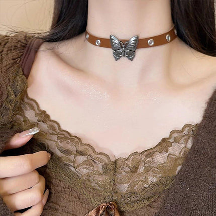 Elegant Brown Leather Butterfly Necklace with Adjustable Strap Stylish Gift