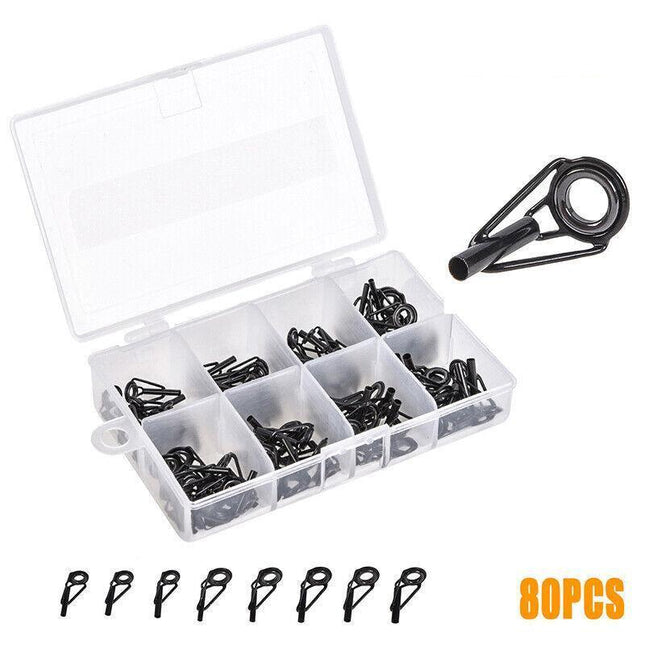 80 Fishing Rod Guide Set Tackle Tips Repair Kits Ring 8 Size Stainless Steel Box - Aimall