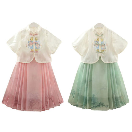 Girls Short Sleeve Dress Chinese Style Skirt Traditional Summer Outfit