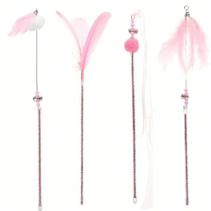 4PCS Cat Teaser Stick with Bells Feathers Bite-resistant Long Rod Toy Supplies