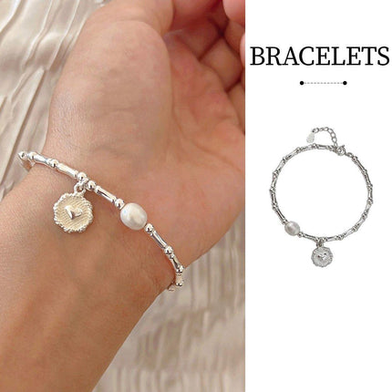 S925 Silver Handmade Bamboo Link Heart and Pearl Pendant Bracelet INS Style Jewelry