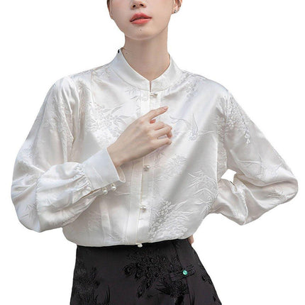New Spring White Chinese Style Womens Top with Stand Collar Elegant Shirt