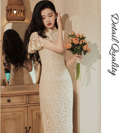 Mid-Length Lace Cheongsam Dress Retro Improved Slim-Fit Chinese Qipao Gown