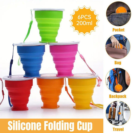 6PCS Portable Silicone Folding Travel Cups 200ml with Lid for Outdoor Camping