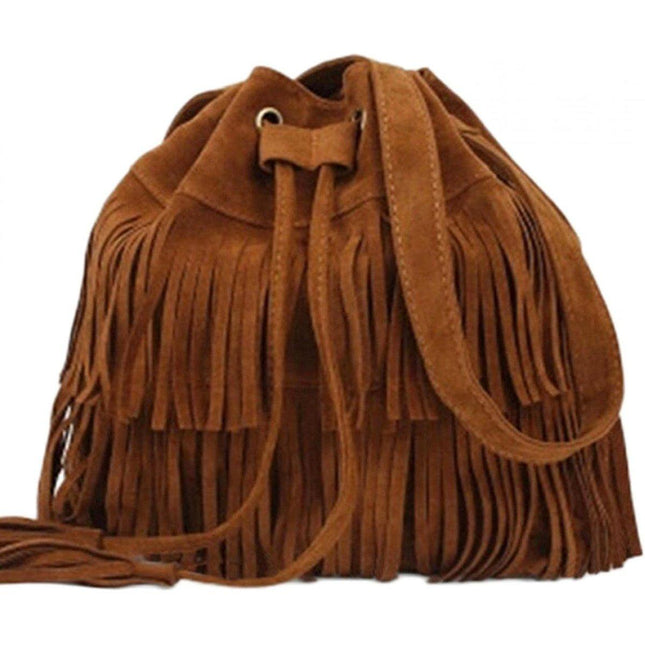 Brown Soft Velvet Tassel Womens Drawstring Shoulder Crossbody Bag for Fashion