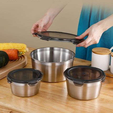 3PCS Stainless Steel Sealed Crisper Storage Box with Lid Round Food Lunch Box