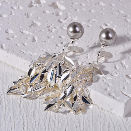Gray Leaf Tassel Earrings pearl stud Sparkling Fashion Jewelry Women Gifts