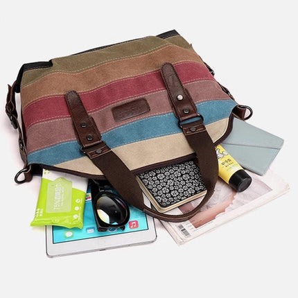 Rainbow Stripe Canvas Bag Patchwork Tote Bag Fashion Handbag Women Shoulder Bag