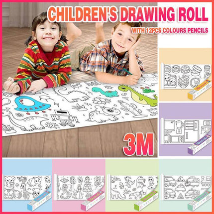 Children's Drawing Roll W/12Pens,DIY Sticky Filling Paper Early Educational Gift - Aimall