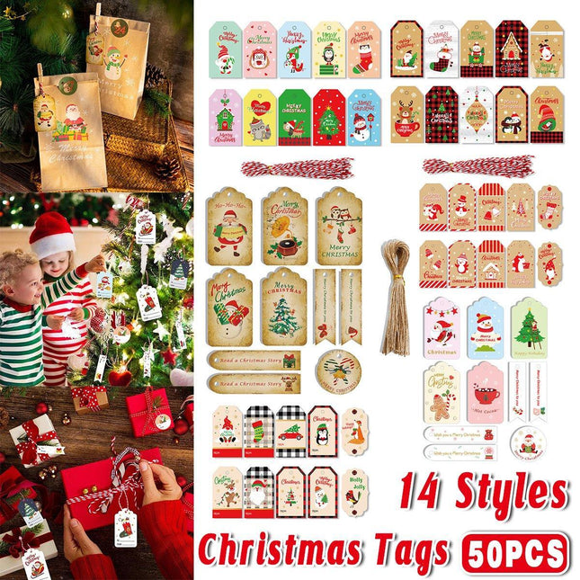 50PCS Christmas Kraft Paper Gift Tags Vintage Holiday Party Card Packaging Decor